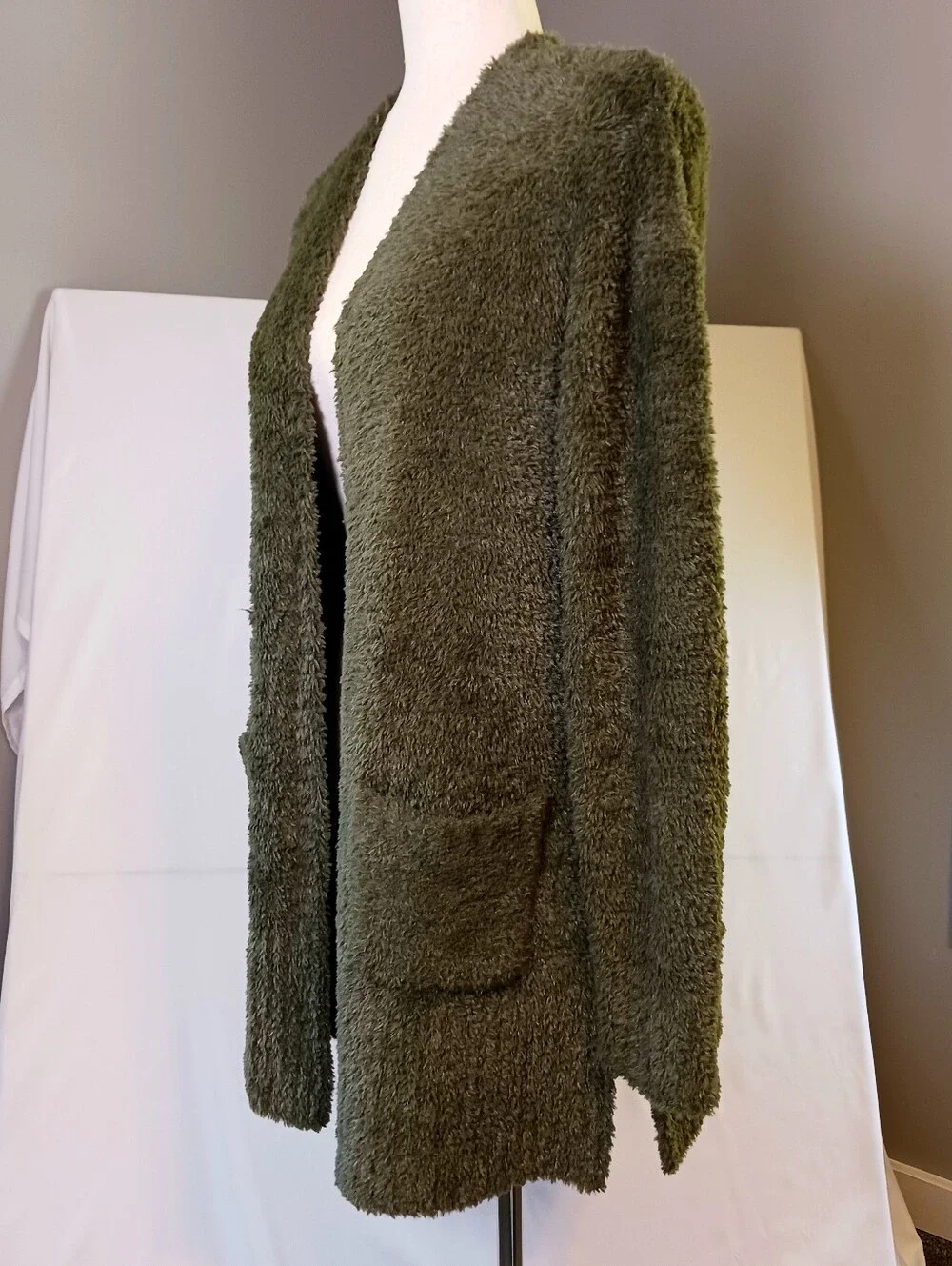 Chenille Cardigan Long Line Open Front Cozy Soft Olive Moss Green Size M